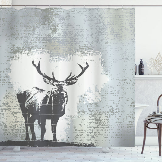 Antlers and Shadows: Black and Grey Stag Silhouette Grunge Shower Curtain