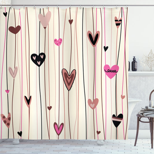 Valentine's Day Heart Love Theme Shower Curtain in Black, Coral, and Pink