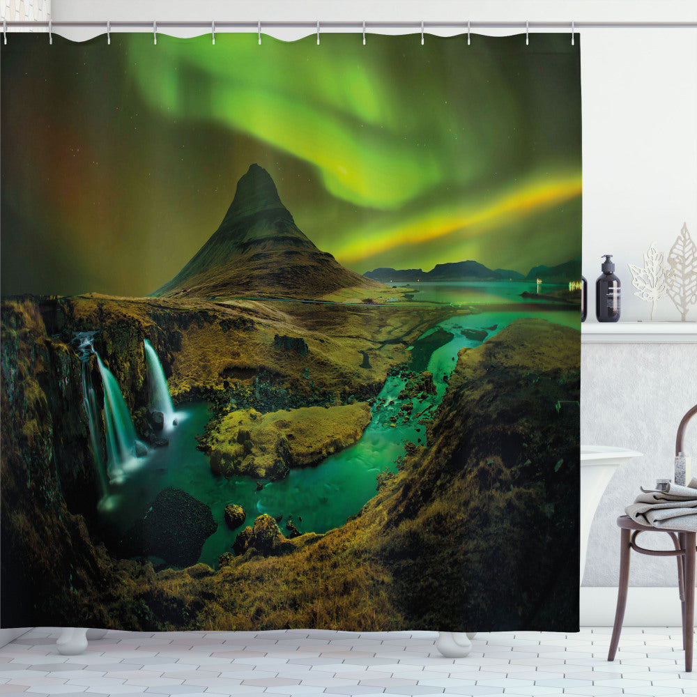 Waterfall Creek Bath Curtain featuring Aurora Borealis, Olive Green, and Fern