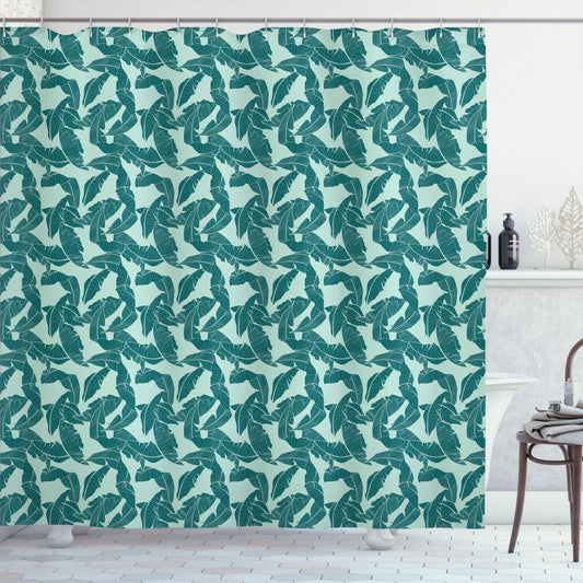 Abstract Palm Leaves Shower Curtain in Hawaii-inspired Almond Green and Teal Tones