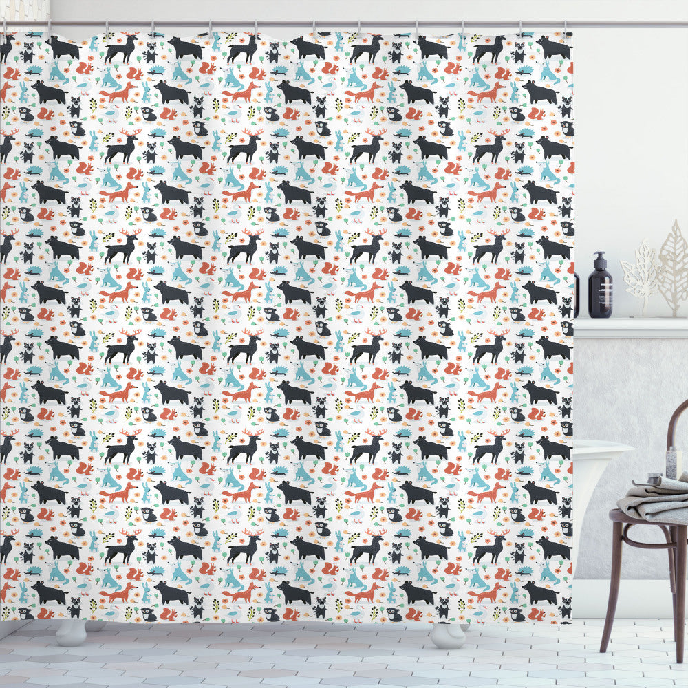 Cartoon Animal Shower Curtain in Dark Salmon, Pale Slate Blue, Peach, and Apple Green featuring Fox, Rabbit, Bear, and Owl