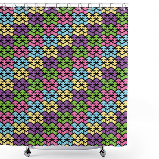 Vibrant Geometrical Fusion: Colorful Multicolor Shower Curtains