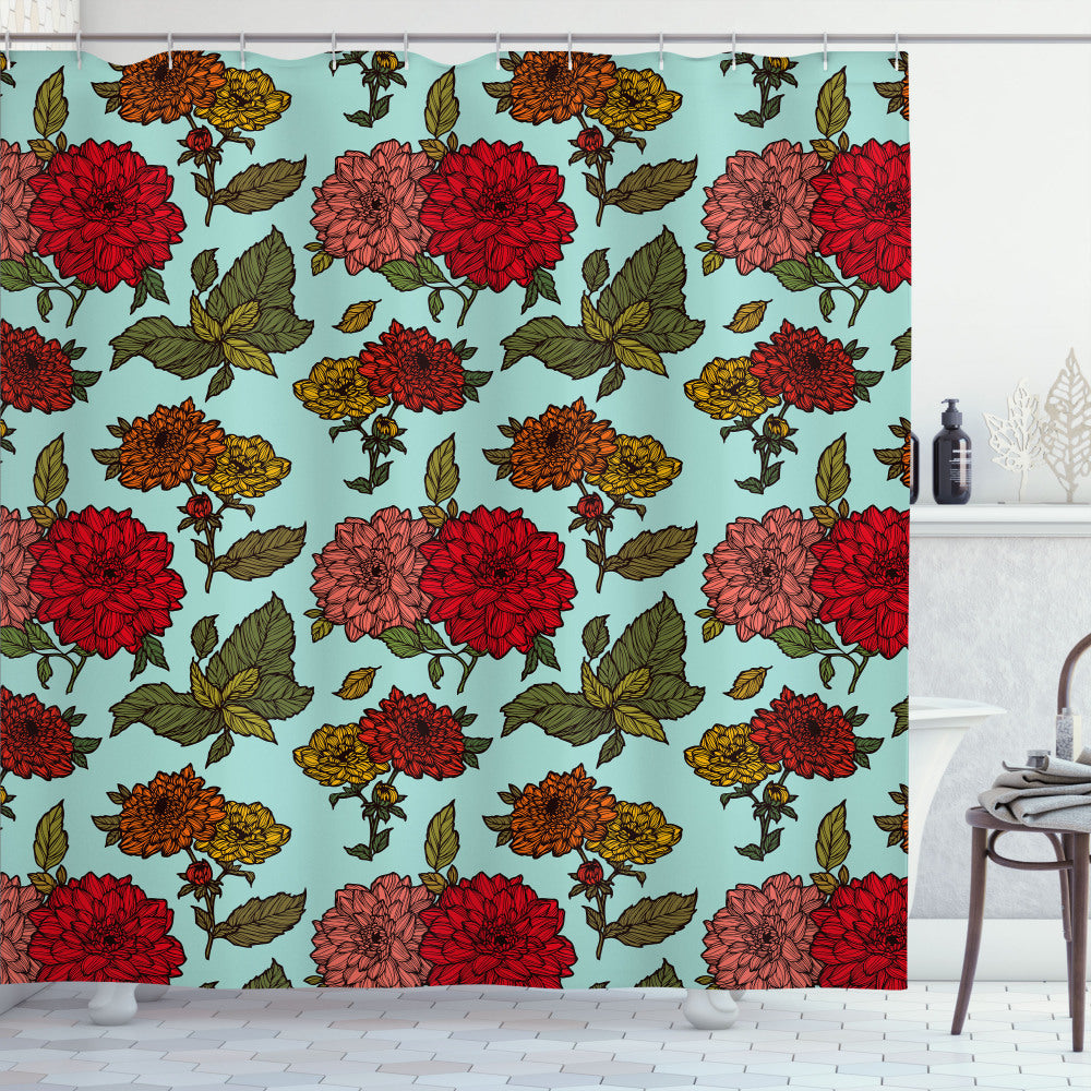 Vibrant Floral Bath Curtain Featuring Detailed Large Flowers in Burnt Sienna, Vermilion, Olive Green, and Earth Yellow