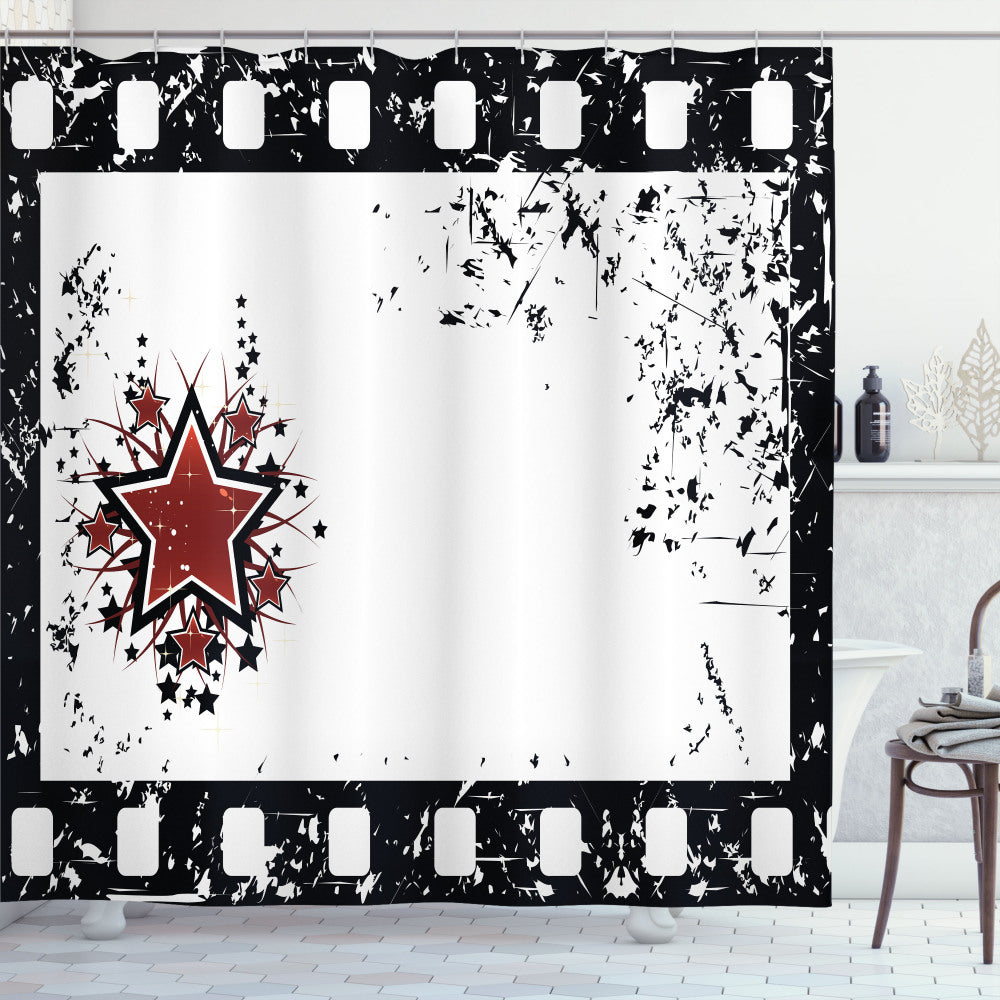 Black, White, and Ruby Grunge Strip Star Movie Theater Shower Curtain