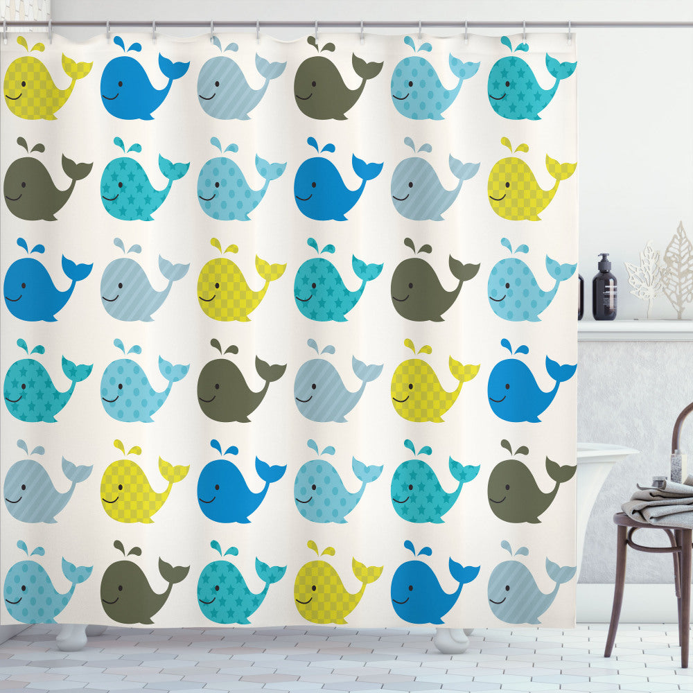 Whimsical Colorful Whales Nursery Shower Curtain in Charcoal Grey, Pale Blue, and Blue