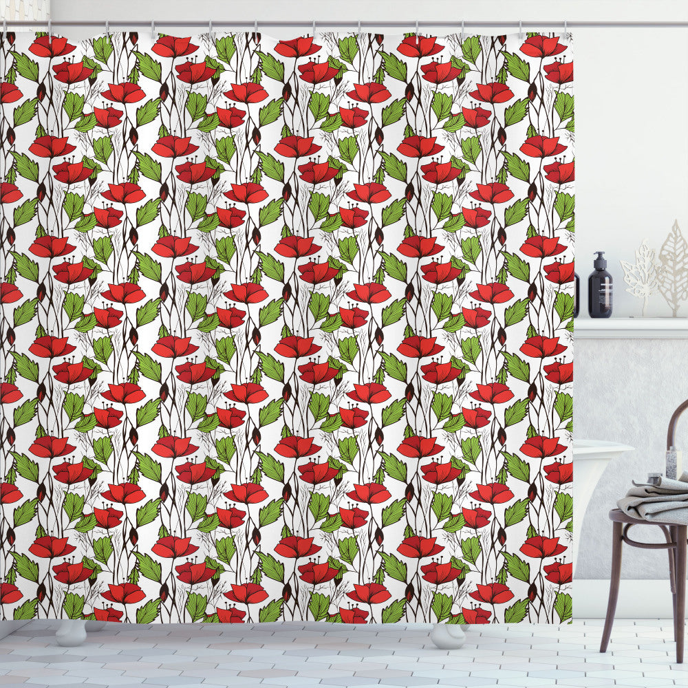 Vivid Floral Poppy Pattern Shower Curtain in Vermilion, Lime Green, Charcoal Grey, and White Close Up View