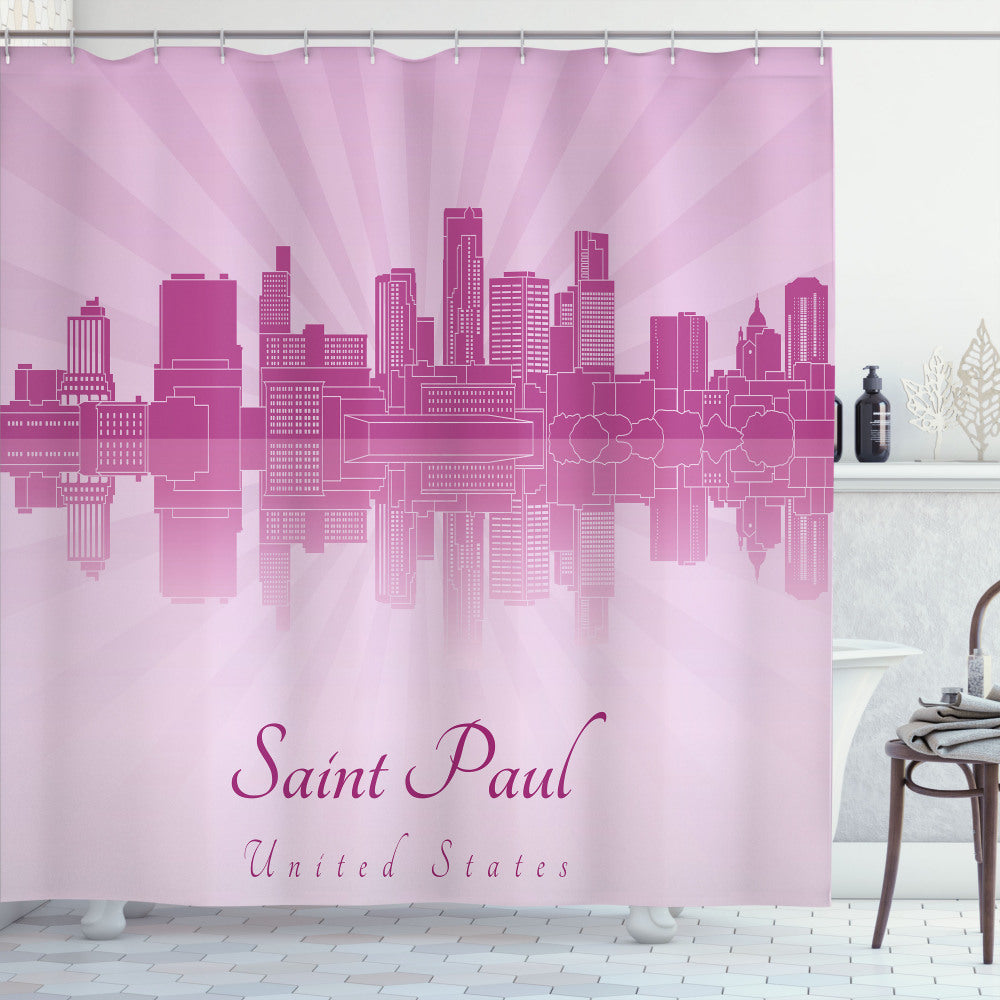 Cityscape of Saint Paul, USA bath curtain featuring Minnesota's Dark Magenta, Pale Mauve, and Lilac hues