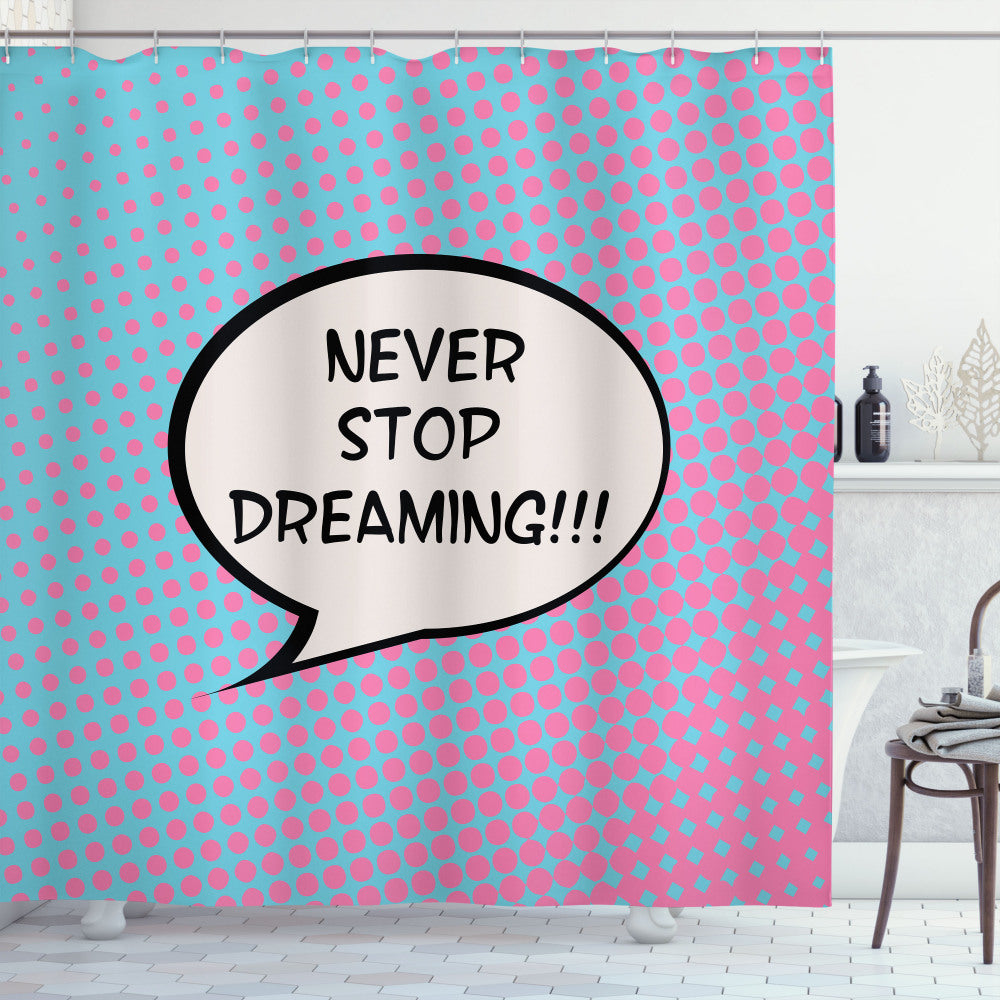 Cartoon Motivation Art: Inspiring Sayings in Pink and Blue on Shower Curtains