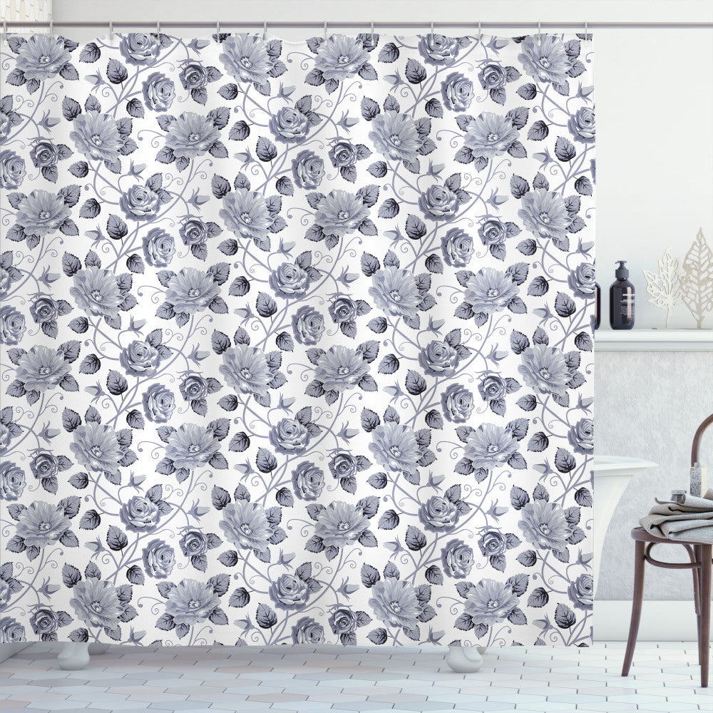 Vintage Roses Floral Art Design Grey and White Shower Curtain