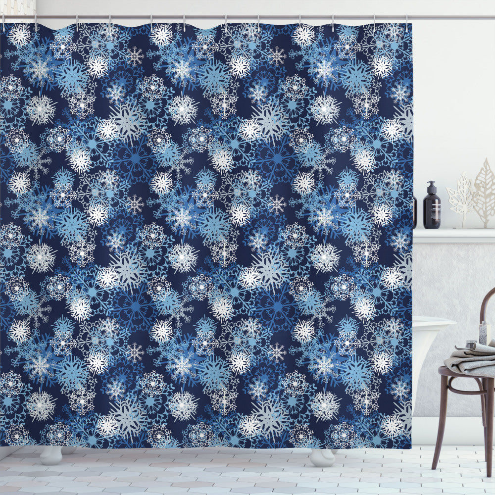 Winter Wonderland: Ornate Snowflakes Xmas Shower Curtain in Pale Blue, Dark Blue, and White