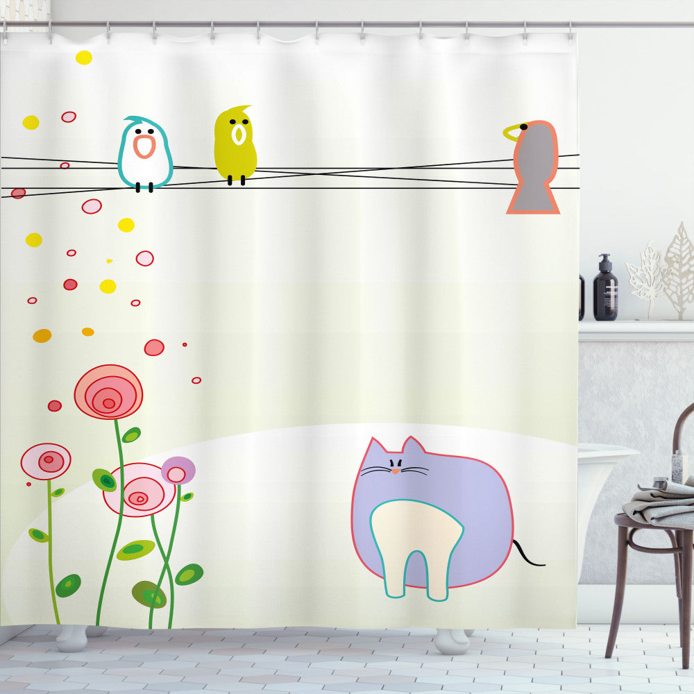 Toddler Multicolor Bird Cat Flowers Shower Curtain: A Cheerful Addition to Your Bathroom