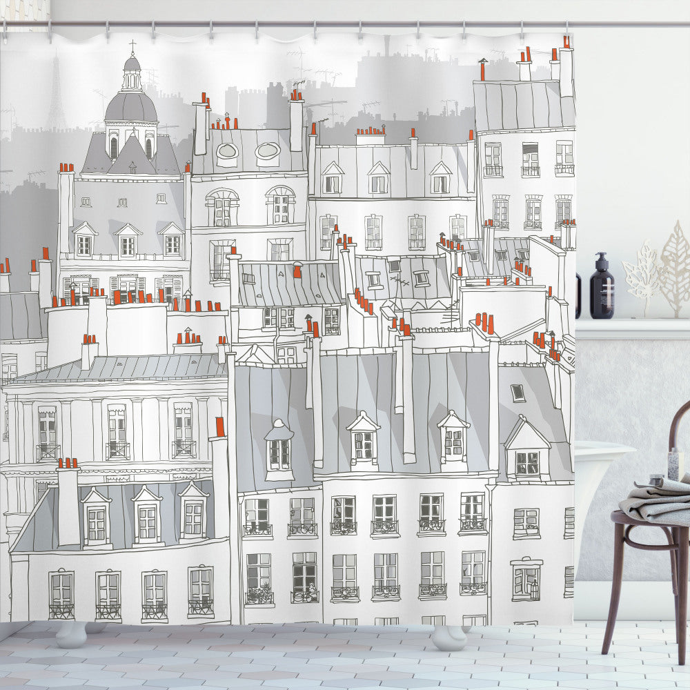 Urban European Buildings with Vermilion, White, and Grey Roofs: Stylish Shower Curtain Option