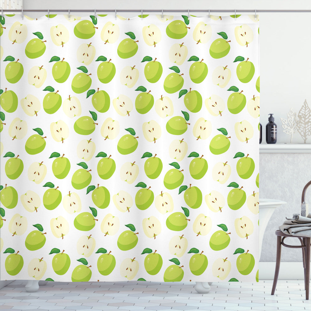 Vibrant Apple-inspired Cartoony Fruit Anatomy Shower Curtain in Yellow Green, Brown, and Cream Colors