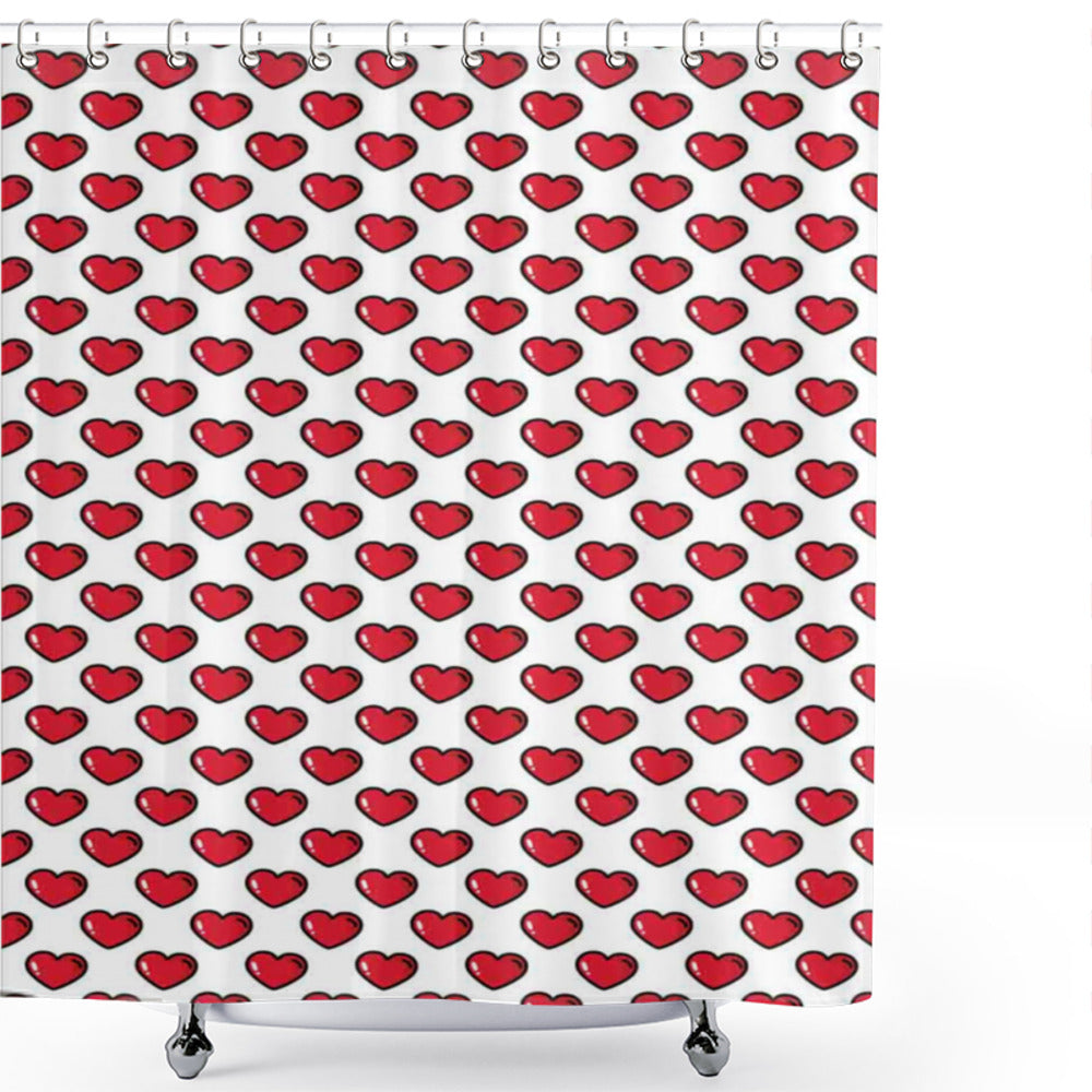 Vibrant Valentine's Day Shower Curtain Design with Hearts, Vermilion, White, and Black