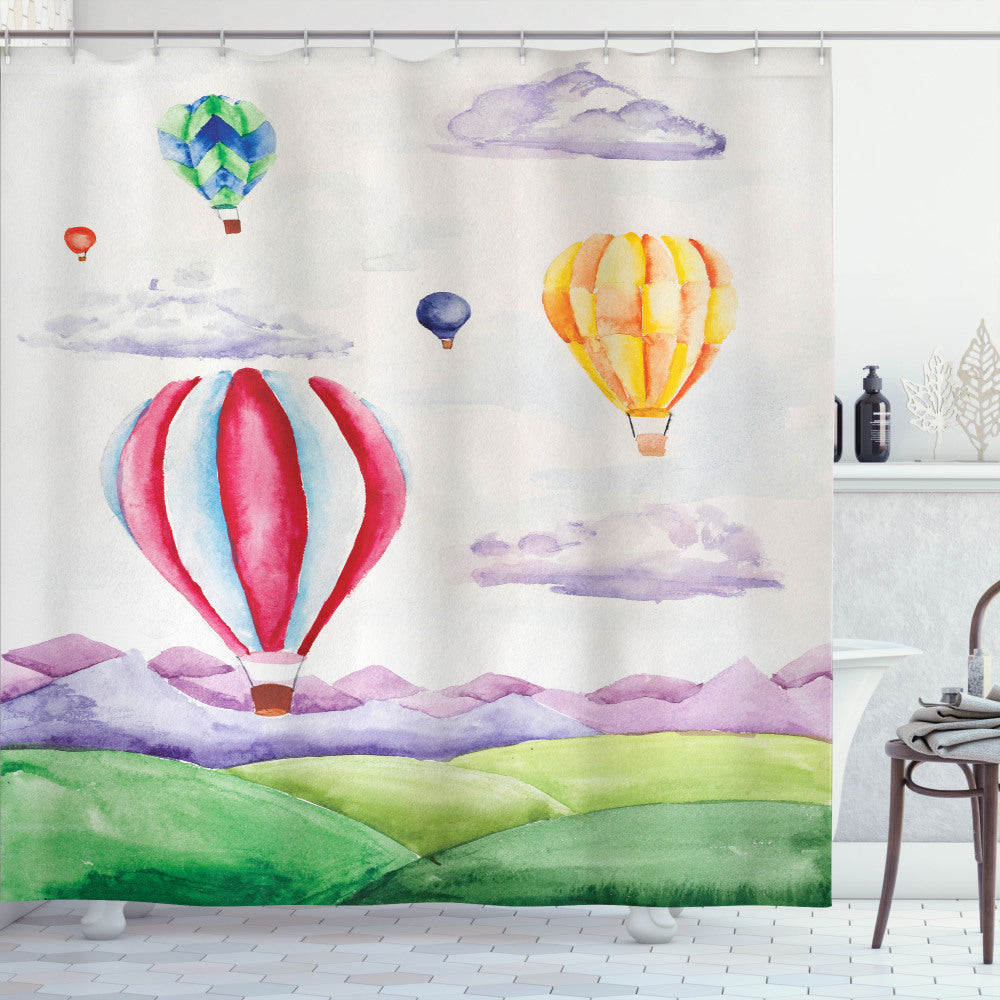 Vibrant Watercolor Hot Air Balloons Shower Curtain Scene