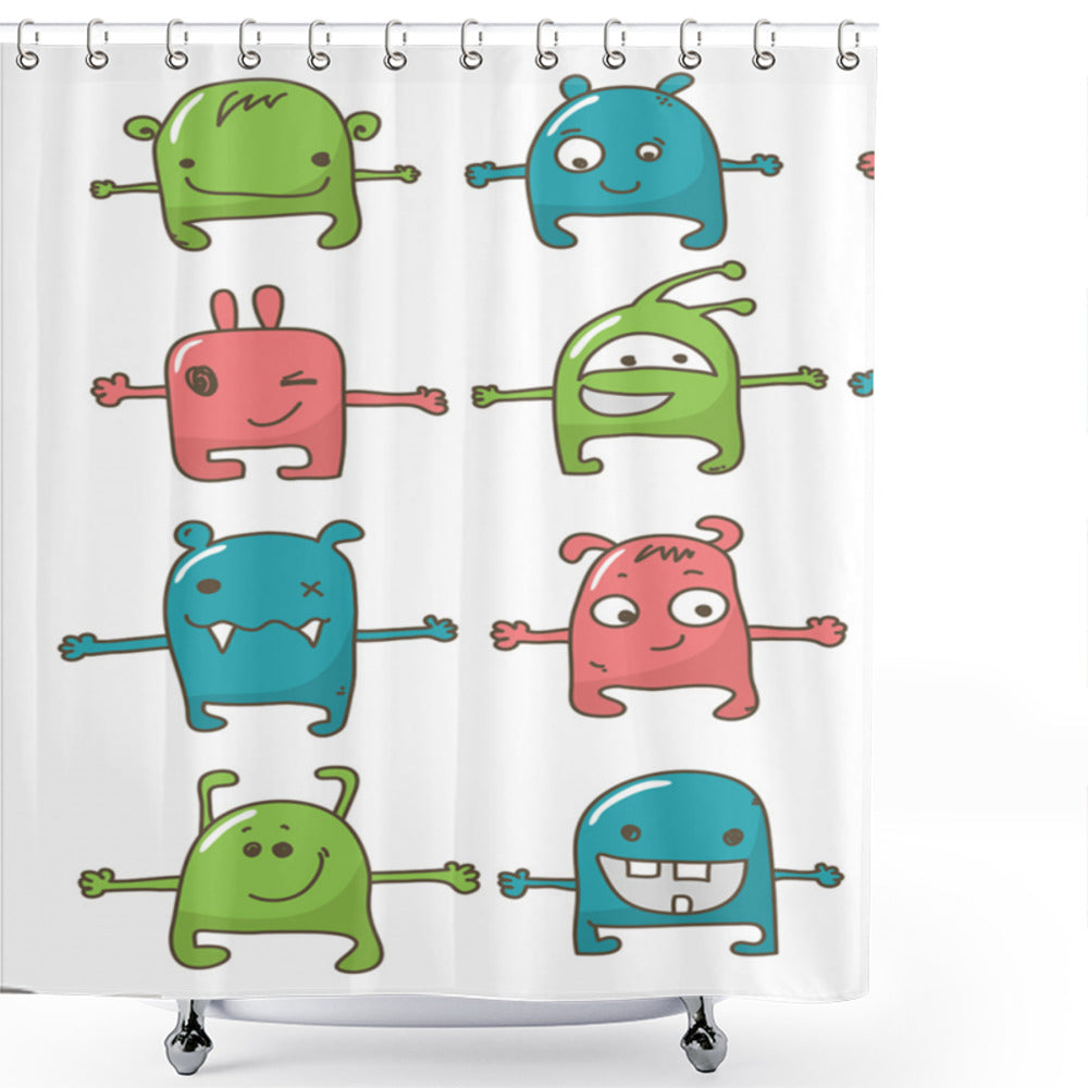 Beasts Children Doodle-Inspired Shower Curtain in Green, Teal, and Pink