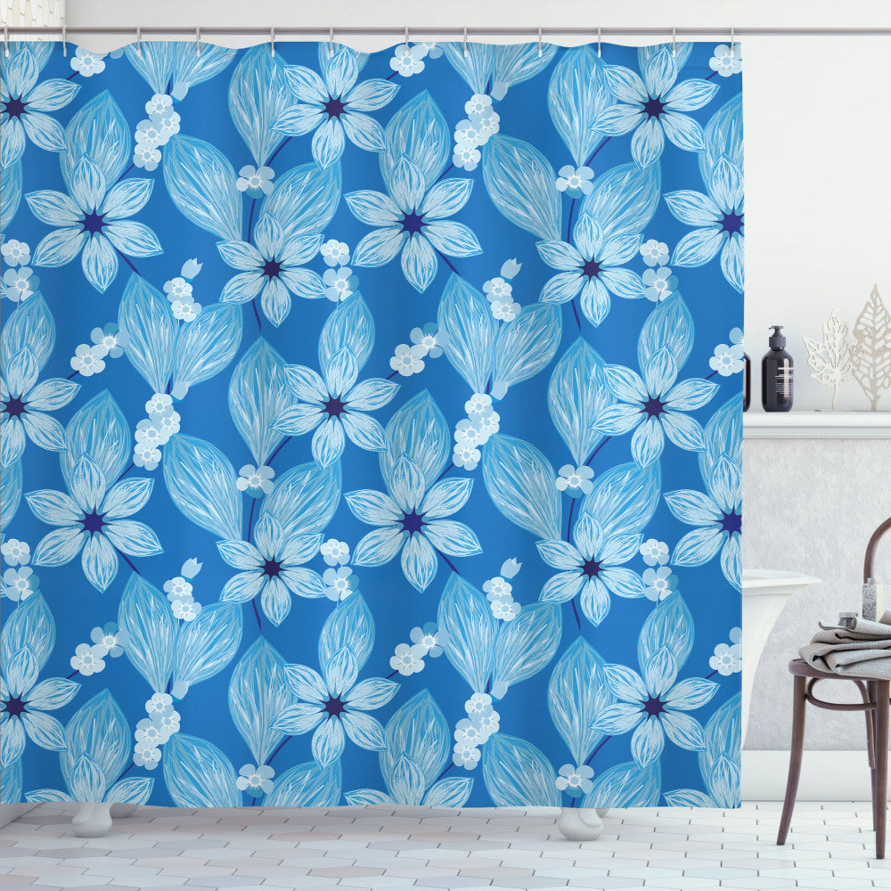 Azure Blue and Pale Blue Floral Scene: Top View of Indigo Flower Petals on Shower Curtain