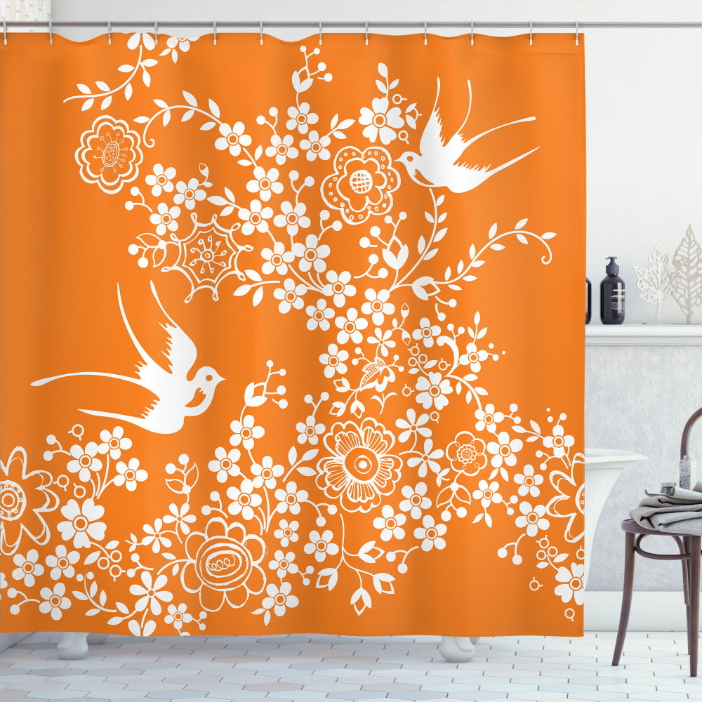 Vibrant Flora Fauna Shower Curtain: Orange and White Design