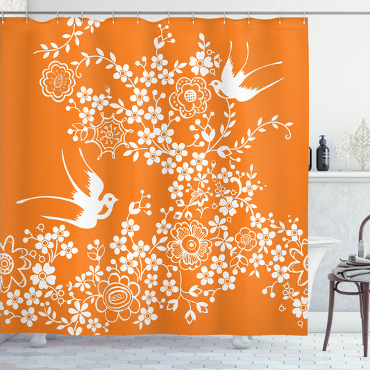 Vibrant Flora Fauna Shower Curtain: Orange and White Design