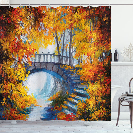 Artistic Autumn Forest Bridge Design Shower Curtain in Vermilion, Marigold, and Blue