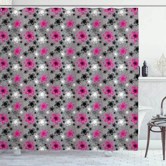 Vintage Floral Shower Curtain in Hot Pink, Black, and Grey - Antique Blossoms