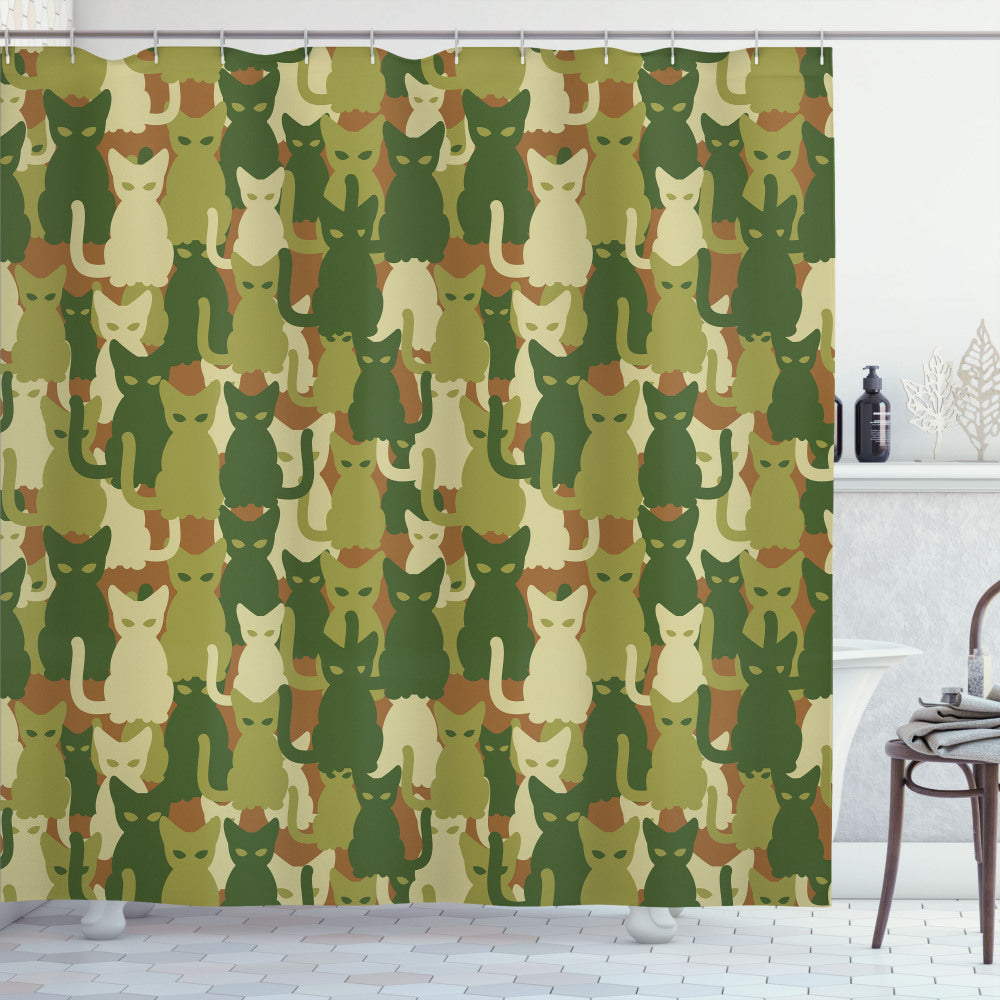 Camo Kitten Silhouettes in Jungle Theme Shower Curtain in Dark Green, Cream, and Green Colors