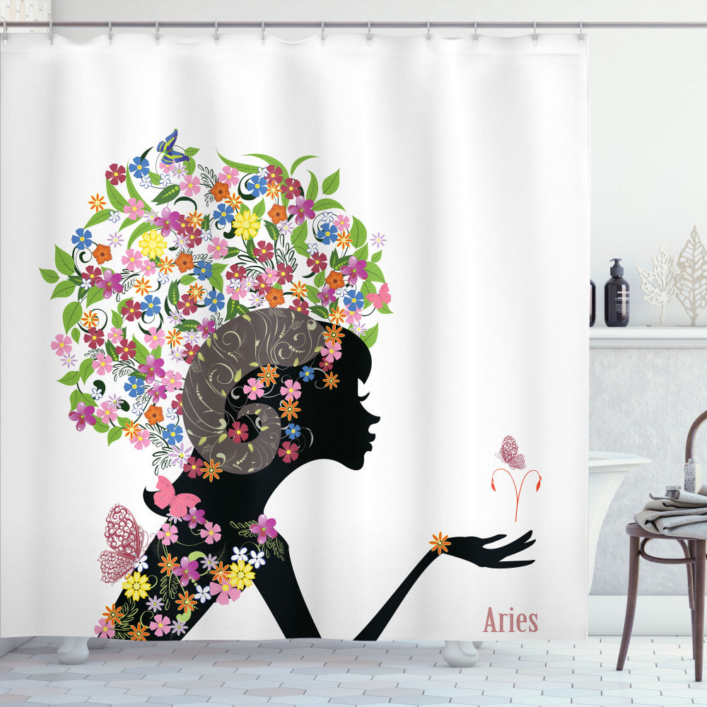 Aries Zodiac Girl with Multicolor Flowers Shower Curtain