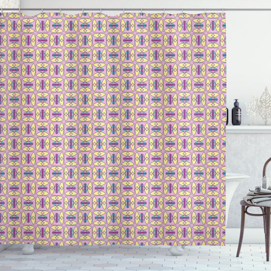 Vibrant and Funky Retro Tiles Bath Curtain in Abstract Design with Pale Pink, Pale Yellow, Purple, and Blue Accents