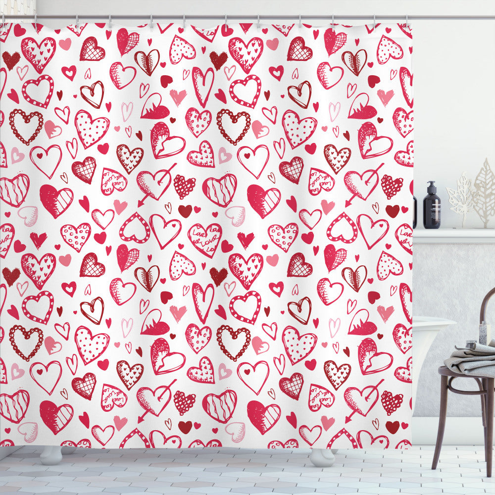 Valentine's Day Love in Magenta, White, and Ruby Hearts Arrow Shower Curtain