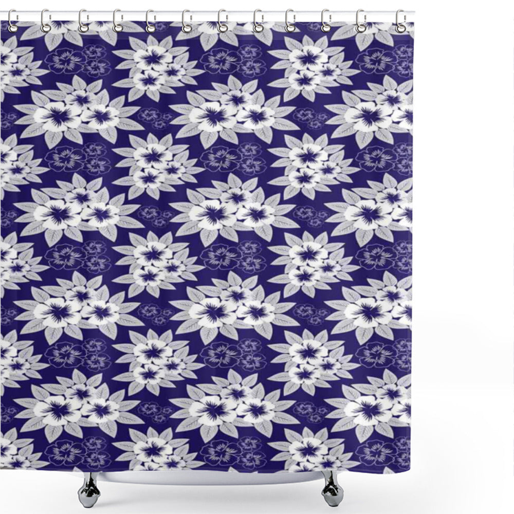 Vintage Flora Pattern Navy Blue and White Shower Curtain