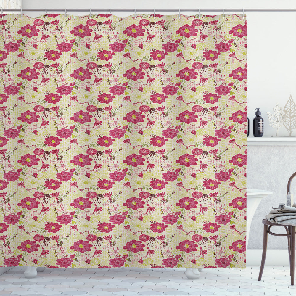 Chic Floral Pink Garden Shower Curtain with Multicolor Leaves