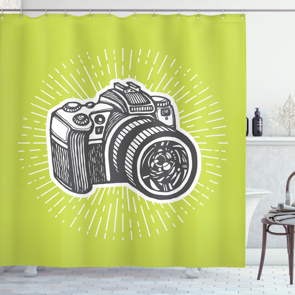 Charcoal Grey and Yellow Green Sketch-Style Camera Design Shower Curtain