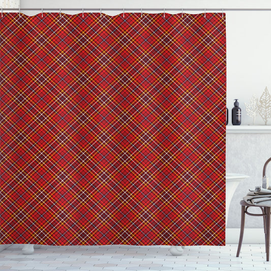 Classic British Retro Fusion: Plaid, Burgundy, Deep Sky Blue, Orange, Vermilion Shower Curtain