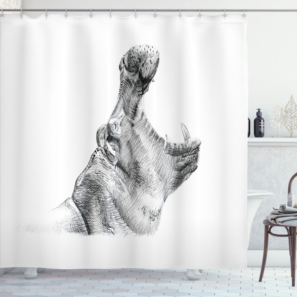 Black and White Hippo Sketch Shower Curtain