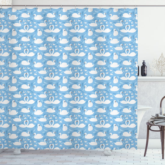 Swans and Babies: White Aquatic Birds in Pale Sky Blue and Salmon - Shower Curtain