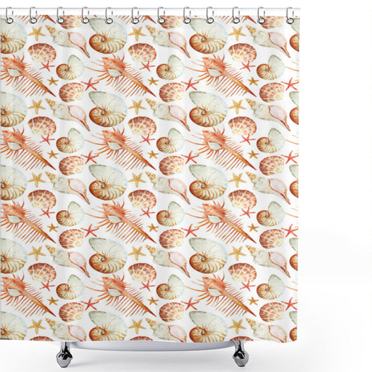 Watercolor Vintage Corals Shell Shower Curtain in Pale Brown, Salmon, and Cream