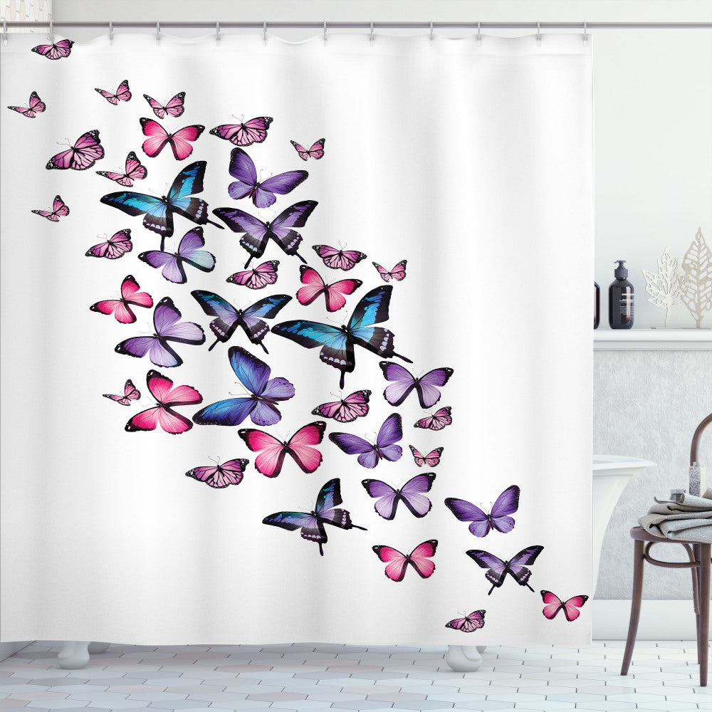 Wings Feminine Shower Curtain with Butterflies in Purple, Pink, and Blue