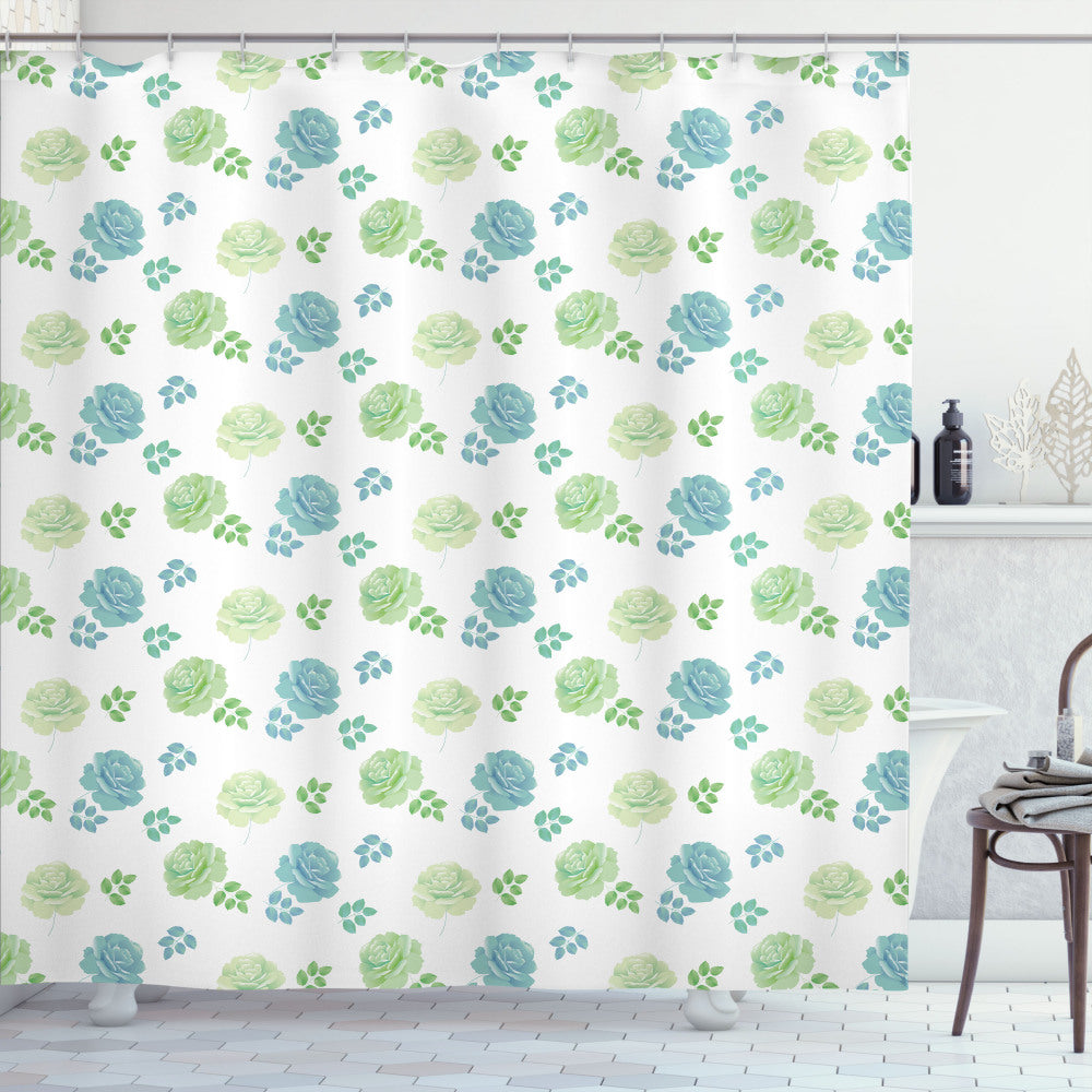 Art Rose Flowers and Leaves Floral Bath Curtain in Pastel Green, Pale Slate Blue, and Pistachio Green Color Palette