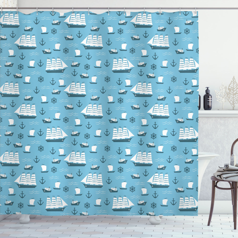 Anchor-themed Ships, Boats, and Helms Bath Curtain in Pale Blue, White, and Blue