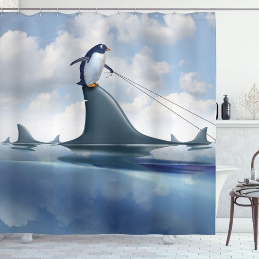 Wild Fish-Wielding Penguin: Shower Curtain featuring Shark, Blue Grey, Dust Design