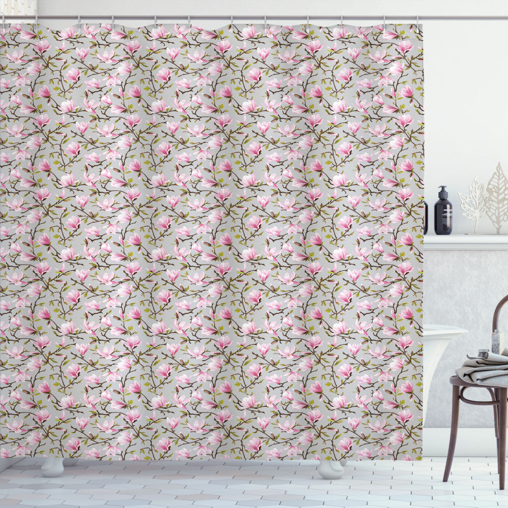 Watercolor Magnolias Bath Curtain in Pale Pink, Brown, and Grey-toned Design