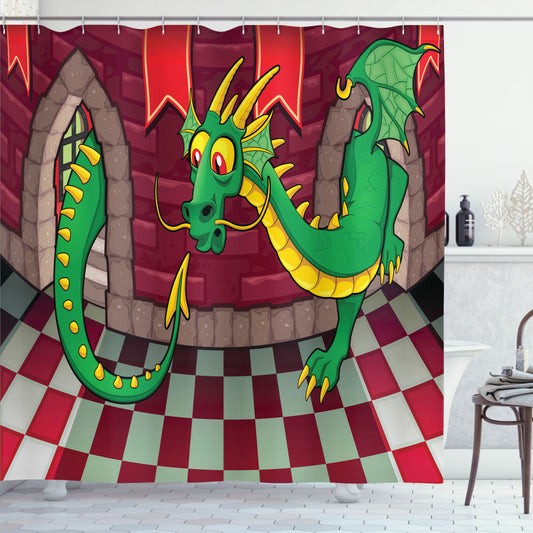 Cartoon Castle with Dragon Design in Green and Ruby Shower Curtain