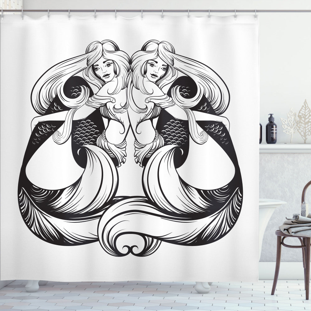 Vintage Nautical Tattoo Mermaids Sketch Shower Curtain in Charcoal Grey and White