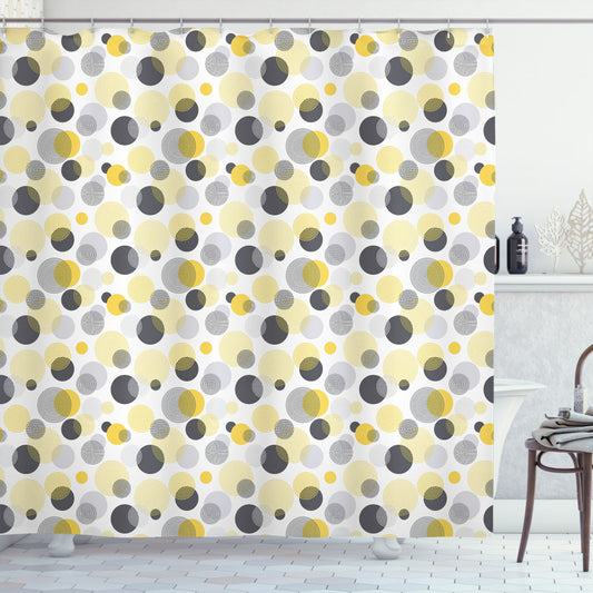 Abstract Dotted Oval Design in Dark Blue Grey, Mustard, and White Shower Curtain