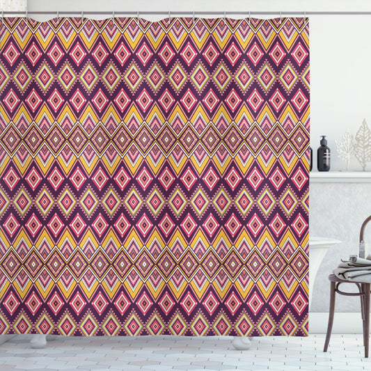 Aztec-Inspired Rhombus Patterned Shower Curtain in Plum, Coral, Earth Yellow, and Dark Coral