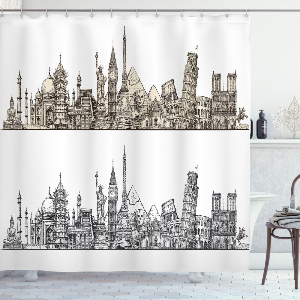 Beige and Grey Landmark Inspired Historical Monument Lines Shower Curtain