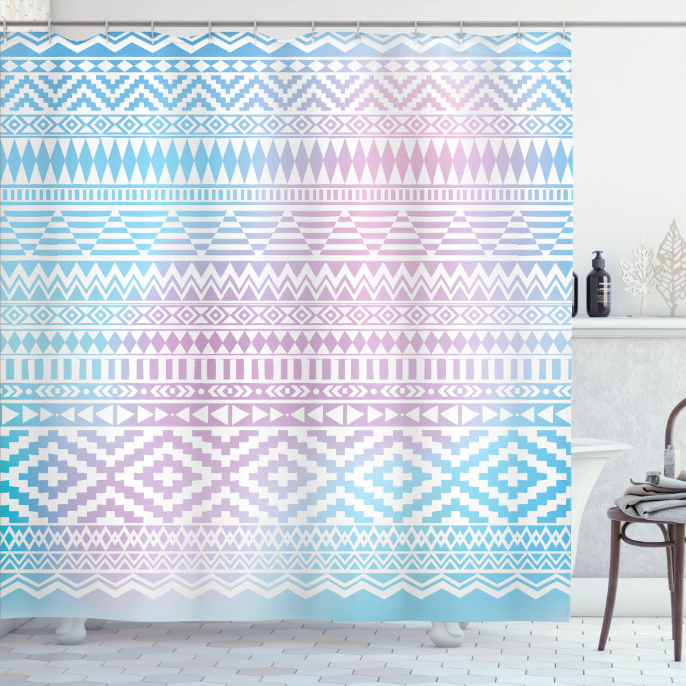 Zigzag Striped Triangles Afghan Shower Curtain in Pale Blue and Lilac