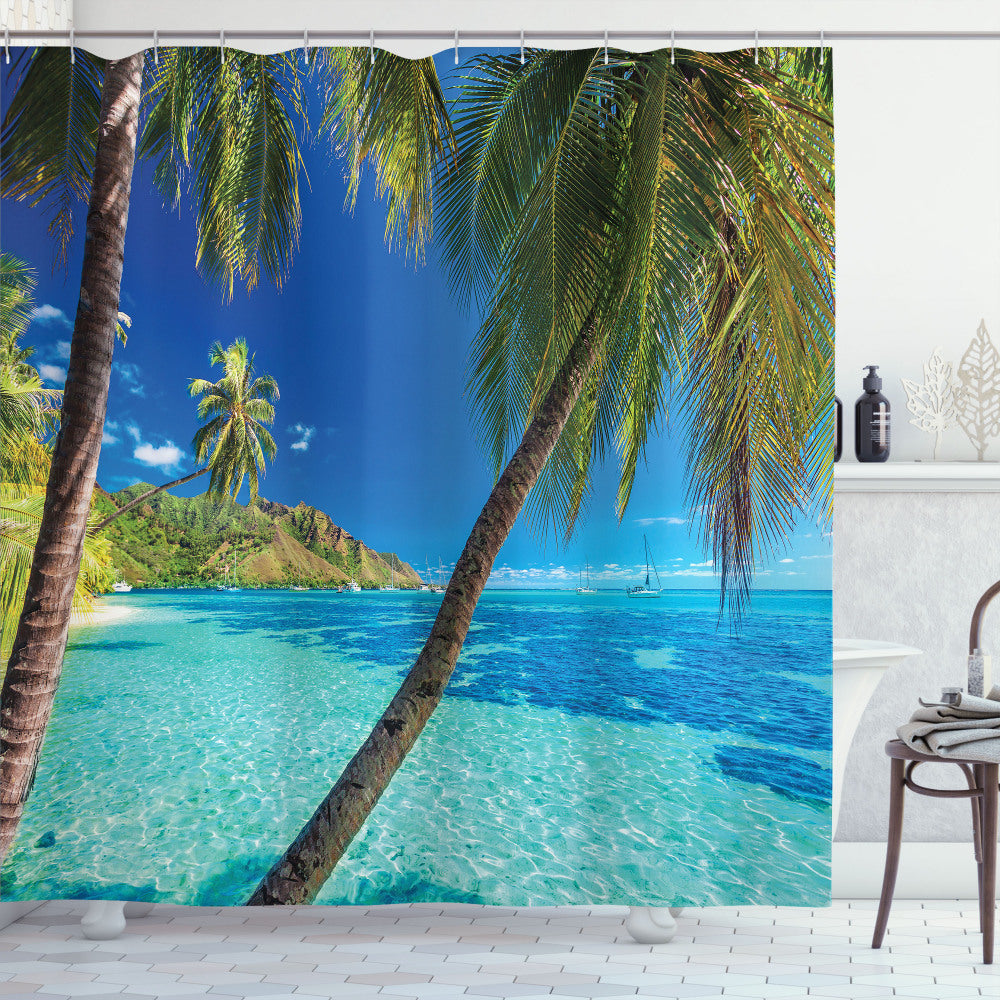 Turquoise Blue Ocean Palm Trees Sea Beach Shower Curtain