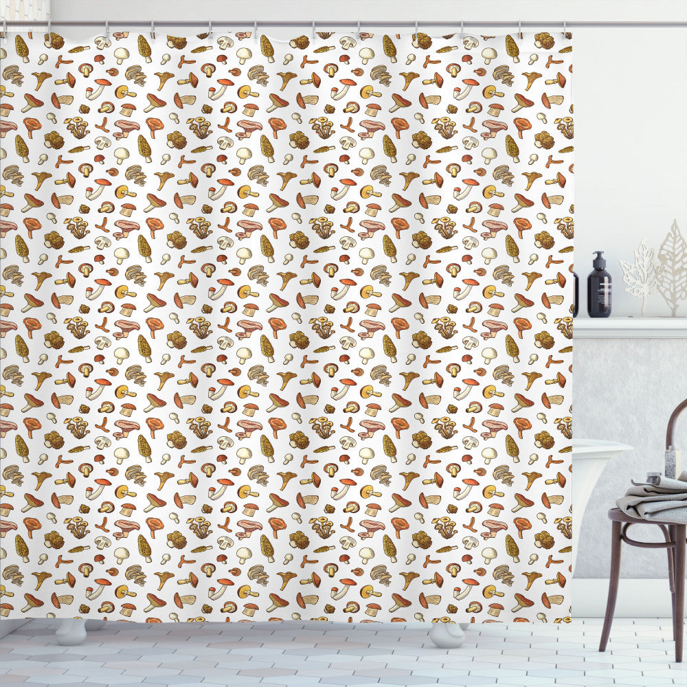 Cartoon Mushroom Shower Curtain with Scattered Pale Redwood, Burnt Sienna, and Champagne Designs