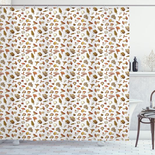 Cartoon Mushroom Shower Curtain with Scattered Pale Redwood, Burnt Sienna, and Champagne Designs